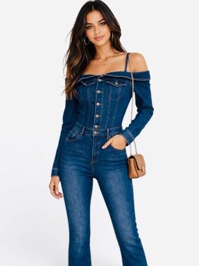 VENUS Strap & Off Shoulder Dark Blue Denim Jumpsuit
